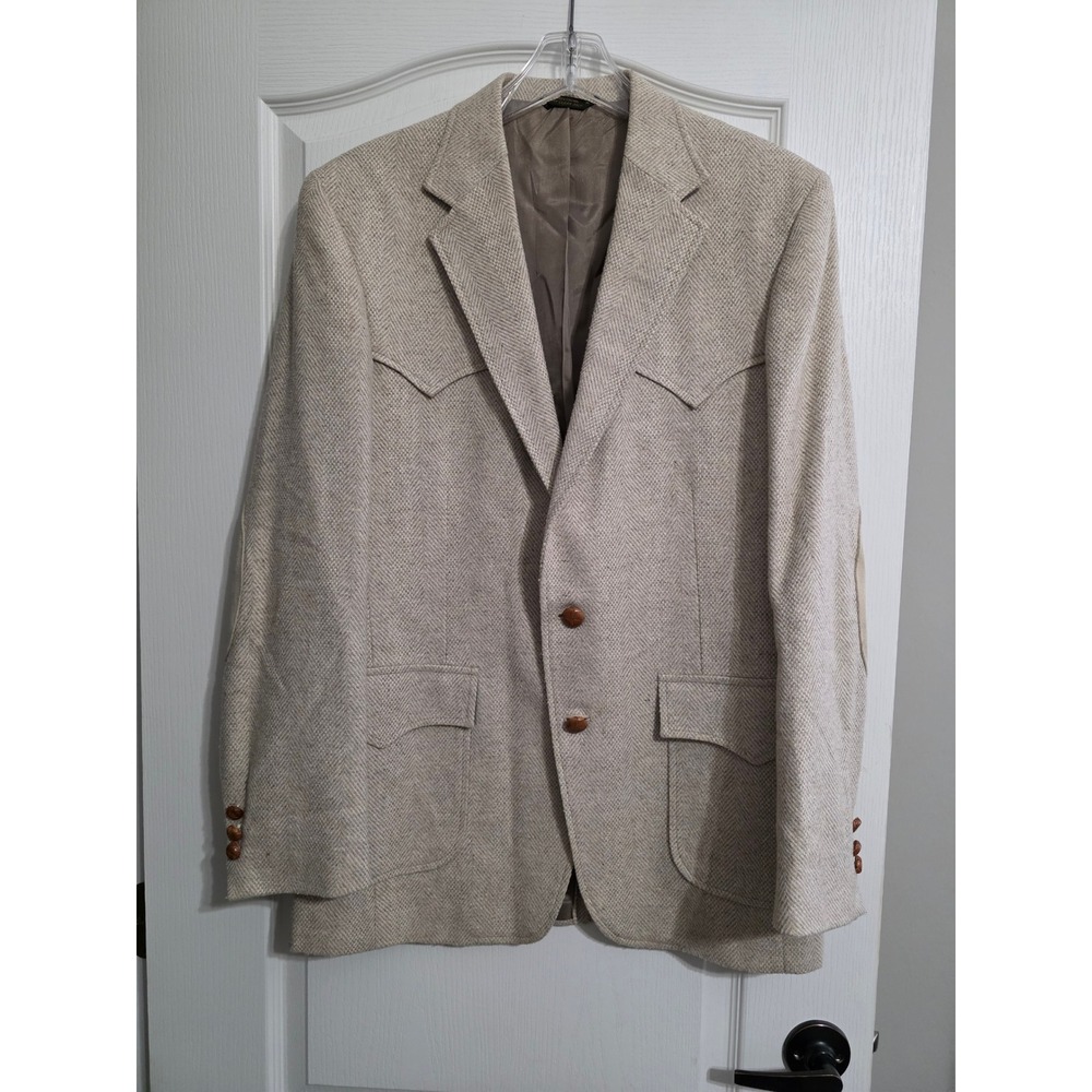 Levi's Western Wear Blazer Mens 40L Beige Herringbone Tweed Western Yoke Patches